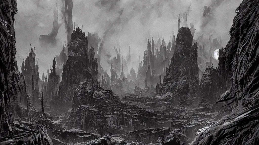 Prompt: post apocalypse remnants of civilization, eerie atmospheric, by tsutomu nihei, gerald brom and vincent di fate, epic cinematic matte painting