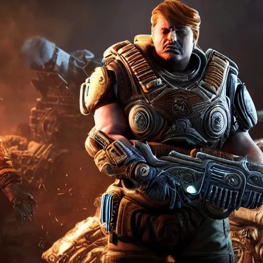 Prompt: photo portrait of donald trumpwith cigar as god emperor in gears of war, splash art, movie still, detailed face, photorealistic facial features, cinematic lighting, dramatic, octane render, long lens, shallow depth of field, bokeh, anamorphic lens flare, 8 k, hyper detailed, 3 5 mm film grain