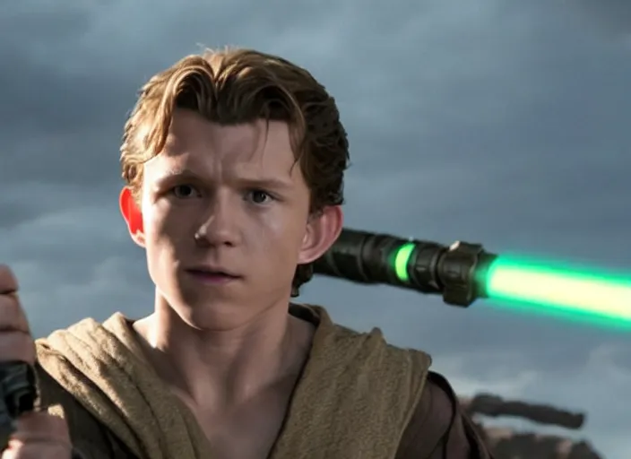 Image similar to tom holland plays anakin skywalker in the live action remake of star wars revenge of the sith, 3 5 mm photography, highly detailed, cinematic lighting, standing pose, holding lightsaber 4 k