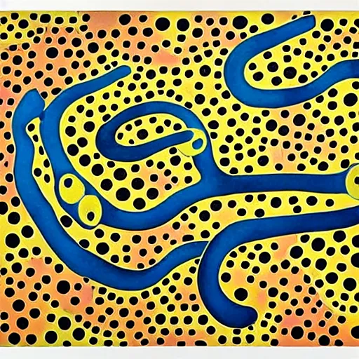 Prompt: A very long dog like a snake chasing its own tail while spinning, suburbian house at the background. in the art style of Yayoi Kusama