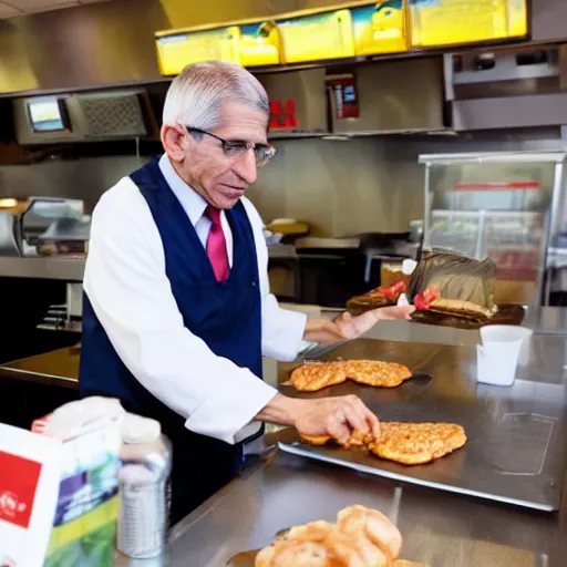 Prompt: A photo of Dr. Anthony Fauci flipping burgers at a fast food restaurant