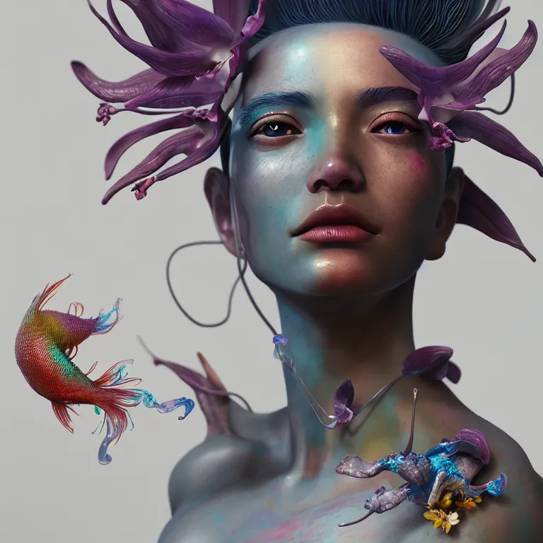 Image similar to goddess full painted acryllic sculpture close-up portrait. orchid bird betta fish, intricate artwork by Tooth Wu and wlop and beeple. octane render, trending on artstation, greg rutkowski very coherent symmetrical artwork. cinematic, hyper realism, high detail, octane render, 8k