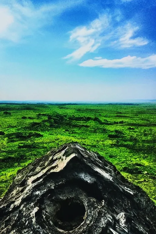 Image similar to dead city, blue sky, green scull look down, nature,