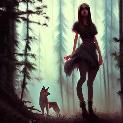 Image similar to a pretty girl surrounded by wolves, in the woods, digital painting, photorealistic, in the style of greg rutkowski, full body, detailed face, cinematic