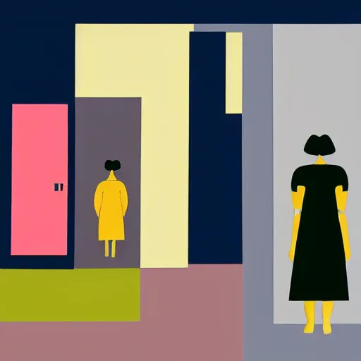 Image similar to A painting of person standing in a doorway, abstract painting in the style of Sophie Taeuber-Arp and Gary Hume and Tatsuro Kiuchi, flat colour-block style, geometric abstraction, deep earthy colours