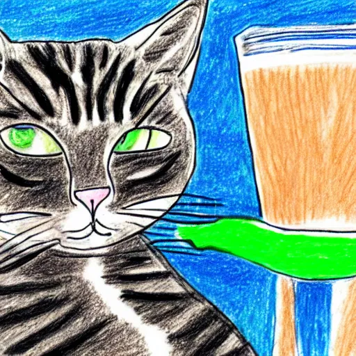 Prompt: poor kids drawing of a cat drinking milk