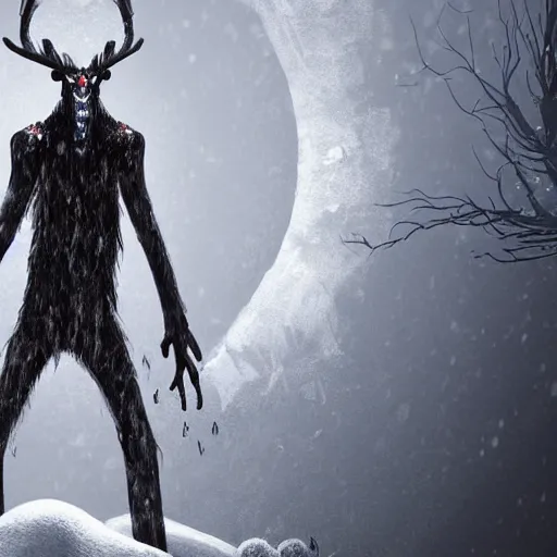 Image similar to detailed digital art of a pale, scrawny wendigo; until dawn; snow; dark, horrifying