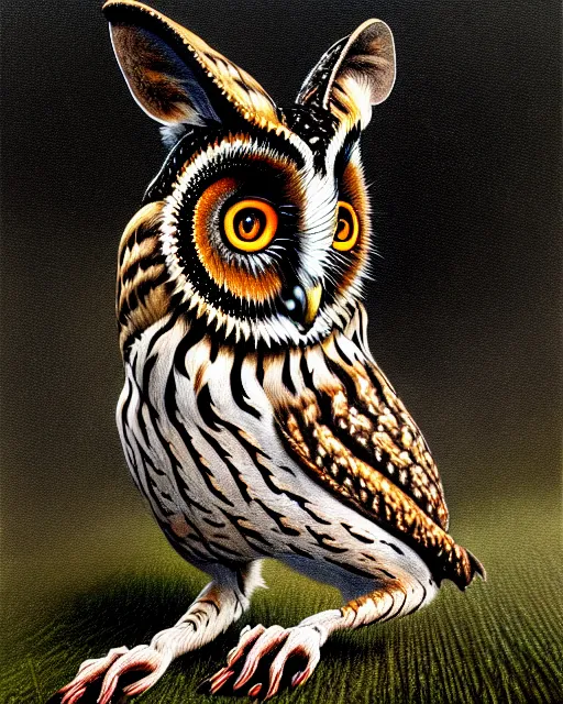 Prompt: an extremely detailed masterpiece painting of a long - eared owl on ground with mouse in it's claws, in the style of brian froud, brian despain, brian bolland, digital art, unreal engine, volumetric lighting, dark moody lighting, trending on artstation, photorealistic, epic scene