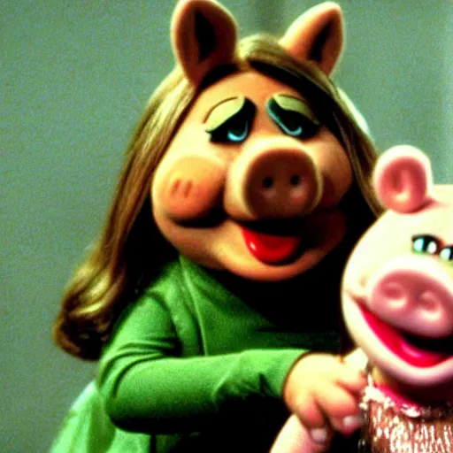 Prompt: movie still of miss piggy starring as trinity in the matrix 1 9 9 9 movie