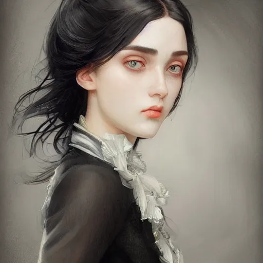 Image similar to of english teenage girl with black hair, china blue eyes, pale glowing skin, beautiful sinister features, no makeup, elegant fashion model, fantasy, intricate, elegant, dress shirt and tie, highly detailed, digital painting, artstation, concept art, smooth, sharp focus, illustration, art by Krenz Cushart and Artem Demura and alphonse mucha