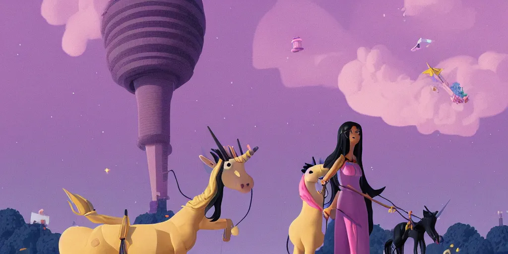 Prompt: illustration of a black - haired woman with a unicorn and tan skin with purple clouds and spaceships on the horizon and cn tower, by goro fujita and simon stalenhag and wes anderson, 8 k, trending on artstation, hyper detailed, cinematic, pixar