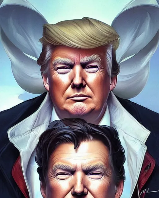 Prompt: smirky donald trump painted by artgerm and greg rutkowski and alphonse mucha. clear highly detailed face, beautiful sci fi art