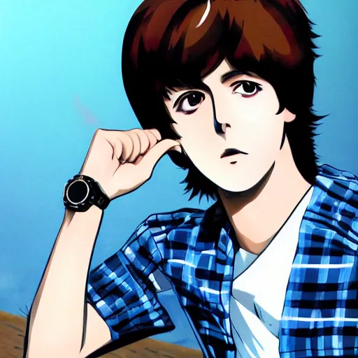 Image similar to close up anime illustration of young Paul McCartney from the Beatles, wearing a blue and white check shirt, silver sports watch, outdoors in Singapore, ufotable