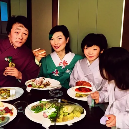 Image similar to photo of a japanese family having dinner with shrek