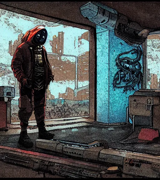 Image similar to a cyberpunk mole man explores alien ruins, techwear, Industrial Scifi, detailed illustration, character portrait, by Martin Grip and Moebius