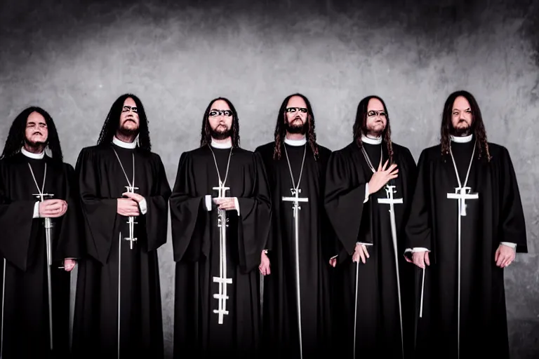 Image similar to a christian religious black that studies theology and arr becoming priests, band photo of a metal band playing christian black metal, stage outfits, cinematic, elegant, professional studio light, real dlsr photography, sharp focus, 4 k, ultra hd, sense of awe, high fashion