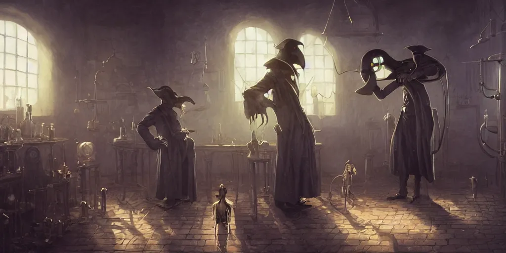 Image similar to a plague doctor and a humanoid rat in a laboratory with lots of flasks filled with magic liquids and poisonous fog, stephen bliss, unreal engine, fantasy art by greg rutkowski, loish, rhads, ferdinand knab, ilya kuvshinov, rossdraws, tom bagshaw, global illumination, radiant soft light, detailed and intricate environment