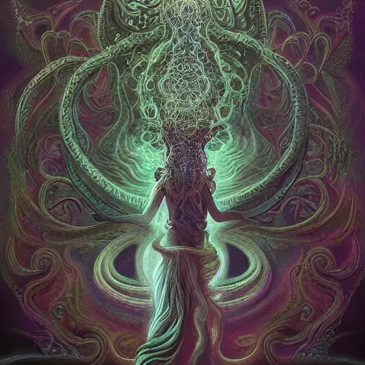 Prompt: faceless, shaman, cultist, lovecraftian, surreal, shrouded figure, powerful being, plant spirit, fractal entity, spirit guide, light being, pearlescent, shiny, glowing, ascending, beautiful, subtle pattern, trending on artstation, fractal pattern, sacred geometry by peter mohrbacher, highly detailed, professional art, illustration, cult, sacrificial altar, levitating, perfect symmetry, rendered in octane, unreal engine, biomechanical, fungal god, blurred background, light dispersion, glass skin, fractal skin, eye stalks, overgrown, halo, prismatic halo, muscular, macho pose, spirit warrior, bodybuilder, pearlescent, heavenly, insectoid, insect, mushroom host, mushroom on head, elven, engraved skin, tattooed, unnerving