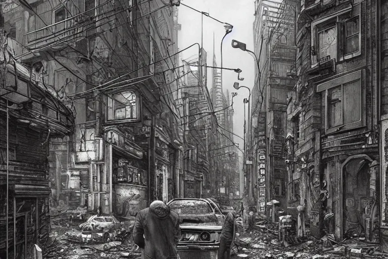 Prompt: detailed ultra - realistic graphic novel illustration of cyberpunk postapocalyptic baroque budapest street by edward hopper and gregory crewdson, cinematic, full shot, ian miller, wayne barlowe, beksinski, giger, greg rutkowski