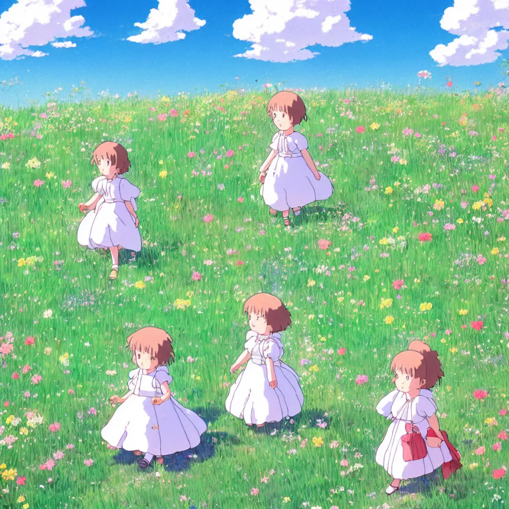 Image similar to little girl in princess dress with her puppy, walking through a field of flowers, puffy clouds, beautiful, summer, calm, studio ghibli, art by hayao miyazaki, makoto shinkai