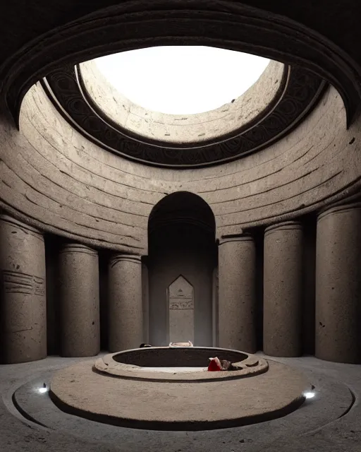 Prompt: greg rutkowski digital painting of an ornate and royal egyptian antechamber tomb, a circular pool in the tomb showing the galaxy, unreal engine, hyper realism, realistic shading, cinematic composition, blender render, octane render, hdr, detailed textures, photorealistic, ultrawide shot, 3 5 mm film