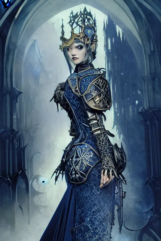 Prompt: beautiful luxury and gothic and victorian and evil medieval female blue & white armor knight portrait+smoky eyes+light flowing hair, in ruin gothic cathedral, ultradetail face, art and illustration by tian zi and craig mullins and WLOP and alphonse mucha, fantasy, intricate complexity, human structure, fantasy world concept, watermark, blurry, hyperrealism 8k