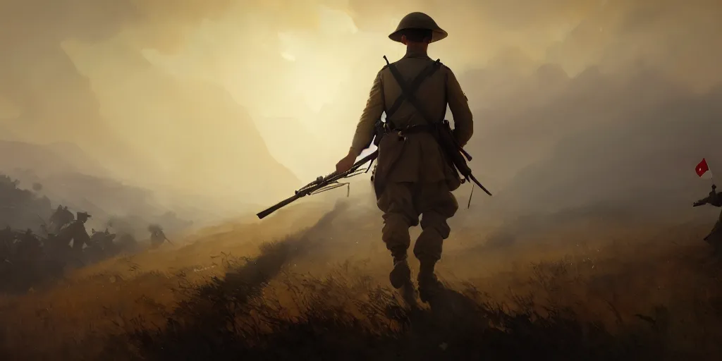 Image similar to a soldier is carrying the turkish flag on a gallipoli campaign, battlefield 1, extremely detailed digital painting, in the style of fenghua zhong and ruan jia and jeremy lipking and peter mohrbacher, mystical colors, rim light, beautiful lighting, 8 k, stunning scene, raytracing, octane, trending on artstation