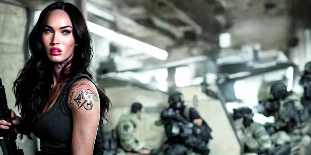 Image similar to vfx film, megan fox swat team squad crew, breach and clear, gang house, flat color profile low - key lighting award winning photography arri alexa cinematography, cinematic beautiful natural skin, famous face, atmospheric cool color - grade