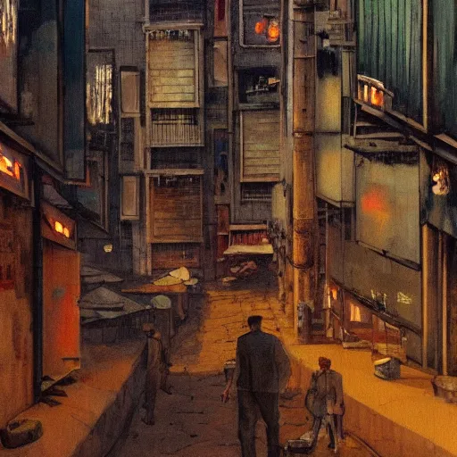 Prompt: Hopper painting of Kowloon Walled City at dusk, looking down canyon-like alley with 5 floors of ramshackle apartments and business on all sides, to the right some light is coming from a ground-floor cafe, where people are drinking tea and talking