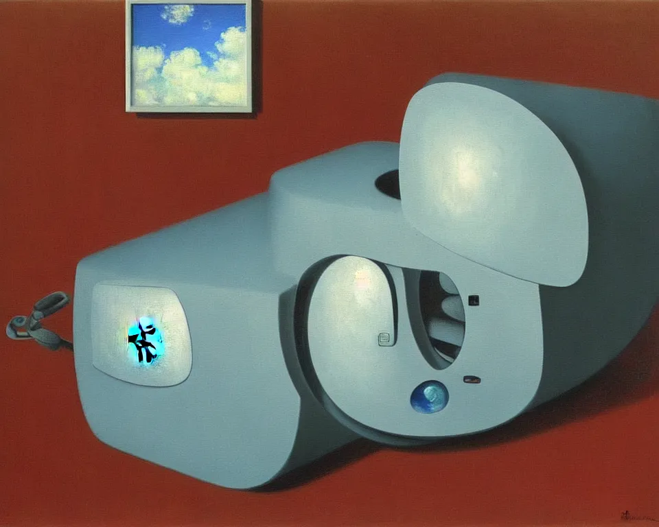 Image similar to achingly beautiful painting of a imac g 3 by rene magritte, monet, and turner. whimsical.