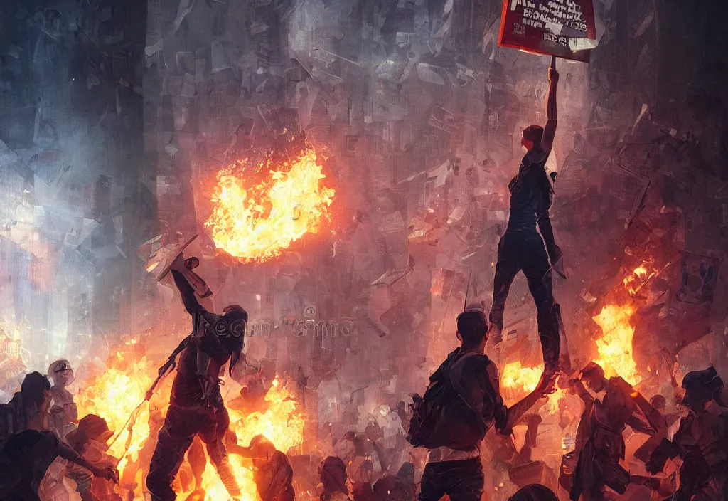 Prompt: angry protester holding placard, detailed digital illustration by greg rutkowski, fire, android netrunner