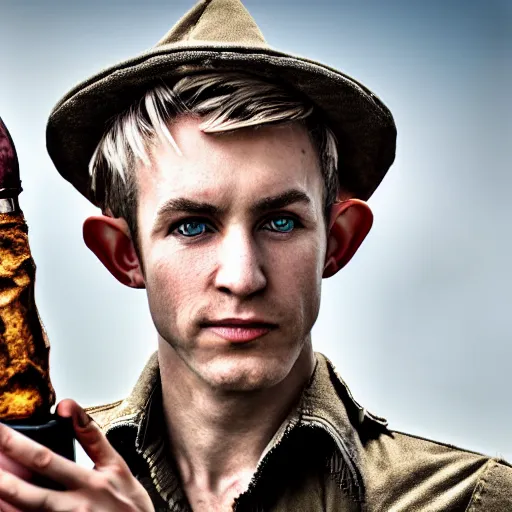 Image similar to close up headshot of a skinny high-fantasy elf with a long face narrow chin and spiky blonde hair wearing dark brown overalls and holding a bomb next to a destroyed car, gel spiked blond hair, high resolution film still, HDR color