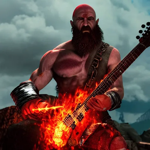 Image similar to kratos shredding on a flaming stratocaster guitar, cinematic render, god of war 2 0 1 8, santa monica studio official media, lightning, red facial stripe