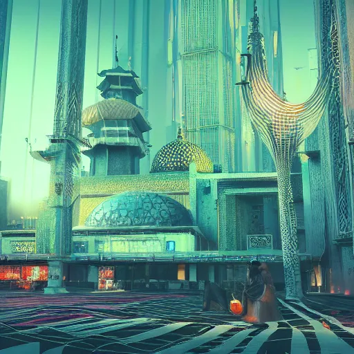 Prompt: Photorealistic cyberpunk mosque in crowded Tokyo. Hyperdetailed photorealism, UHD, amazing depth, glowing rich colors, powerful imagery, 3D octane cycle finalrender, 3d shading, cinematic lighting, artstation concept art