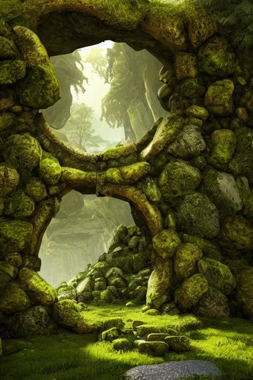 Prompt: the entrance of valhalla, large ornated stone portal, beautiful composition, nature, mossy stone, low angle, rays of light, light dust, octane render, unreal engine, photography, 8 k