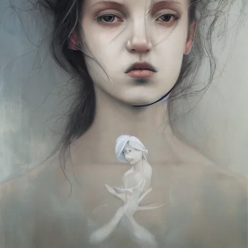 Prompt: ghostly beautiful female portrait in detail in oil paint in white by james jean,