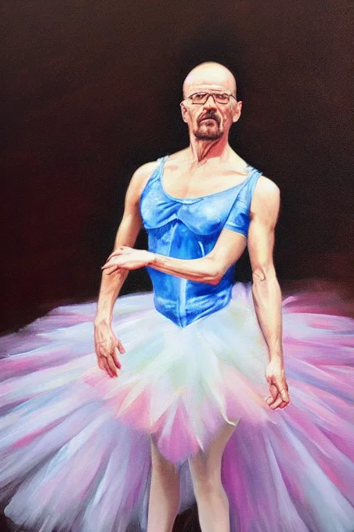 Prompt: beautiful oil painting of walter white in a ballerina outift