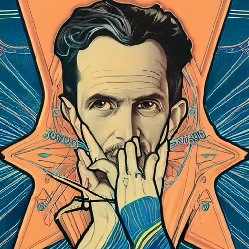 Image similar to majestic futuristic visionary inventor nikola tesla tarot crad by sachin teng, artgerm, alphonse mucha, masterpiece, organic painting, matte painting, technical geometrical drawing shapes, lightning electricity coil, hard edges, graffiti, screen printing poster art by sachin teng