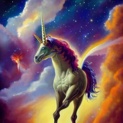 Prompt: an iridescent unicorn with translucent wings eating in a field of marijuana, nebulas is in the sky, oil painting by boris vallejo, concept art, highly detailed, high quality, 8 k,