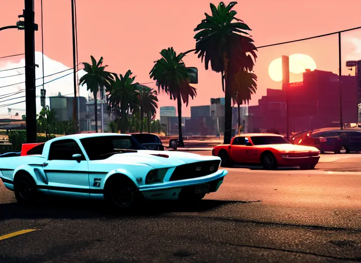 Image similar to still next - gen ps 5 game grand theft auto 6 2 0 2 4 remaster, graphics mods, rain, red sunset, people, rtx reflections, gta vi, miami, palms and miami buildings, photorealistic screenshot, unreal engine, 4 k, 5 0 mm bokeh, close - up ford mustang, gta vice city remastered, artstation