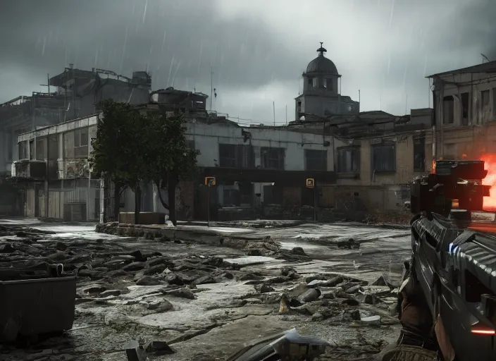 Image similar to still next - gen ps 5 game call of duty warzone 2 0 2 4 remaster, graphics mods, rain, mexican abandoned city, rtx reflections, abandoned buildings, photorealistic screenshot, unreal engine, 4 k, 5 0 mm bokeh, close - up hammer h 1, call of duty remastered, artstation