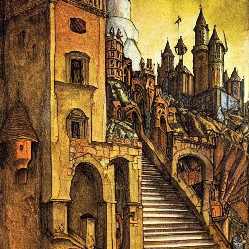 Prompt: fantasy medieval city of stairs, d & d artwork by albrecht durer