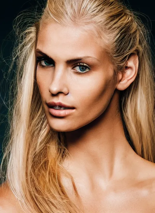 Image similar to photograph of an olive skinned blonde female model in her late twenties, her hair pinned up, wearing a designer top, looking content, focused on her neck, facing the camera, photo realistic, extreme detail skin, natural beauty, no filter, slr, golden hour, 4 k, high definition, selfie