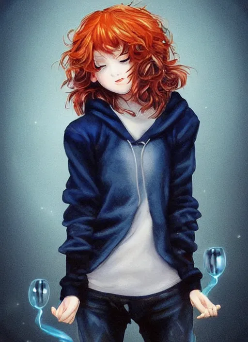 Prompt: medium shot A twelve years old girl with orange eyes, dark blue!! short curly dark blue dyed!! hair i a black hoodie with white!! eyes!! ornament!! and grunge jeans, with the black cauldron, making a potion, blue shiny lighting, beautiful fantasy art by By Artgerm and Hayao Miyazaki, trending on artstation