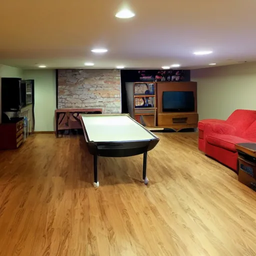 Prompt: basement of a furnished 1970s house