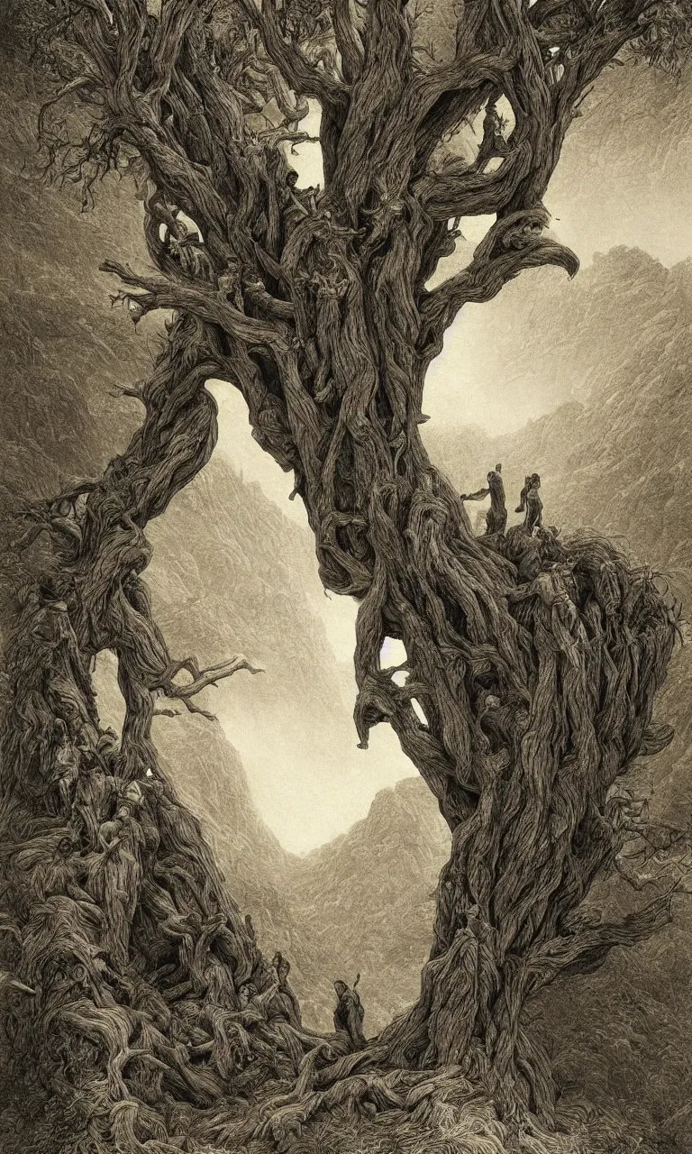 Prompt: Book cover artwork of a mythical wretched tree made of human beings and growing in the middle of a desert canyon seen from a distance, influenced by Gustave Doré.