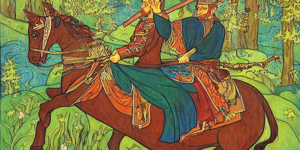 Image similar to beautiful painting of mounted king with firing sword painted by ivan bilibin, forest and river, illustration, stylized, moderne, art deco