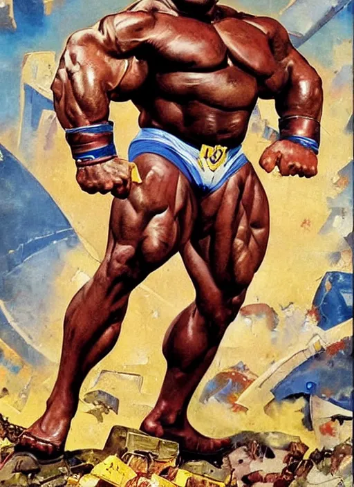 Image similar to full body and head portrait of huge mutant ronnie coleman as marvel's juggernaut, dynamic action, painted by norman rockwell and phil hale and greg staples and tom lovell and frank schoonover and jack kirby