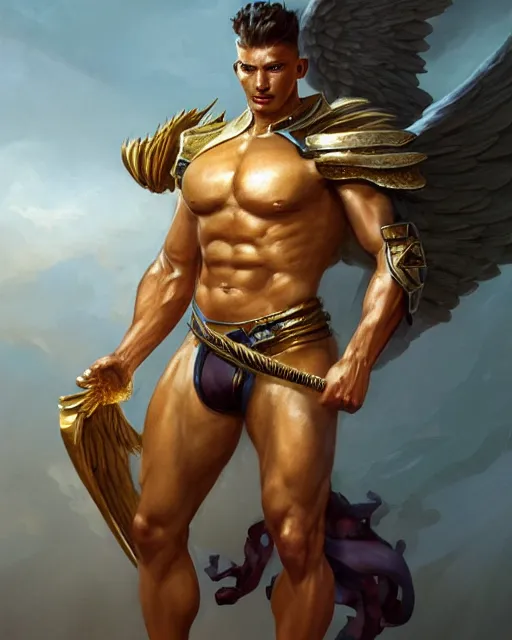 Prompt: character portrait of a muscular male angel of justice, in shining armor, with fiery golden wings, by peter mohrbacher, mark brooks, jim burns, marina abramovic, wadim kashin, greg rutkowski, trending on artstation