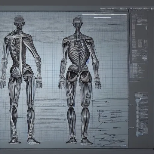 Prompt: detailed and intricate design of a full body of human anatomy, 3 d design, great finesse organic hyper detailed, engineering blueprints, technical drawings, calculus, stained paper, hyperrealistic, ultra detailed, 4 k, octane render, unreal engine